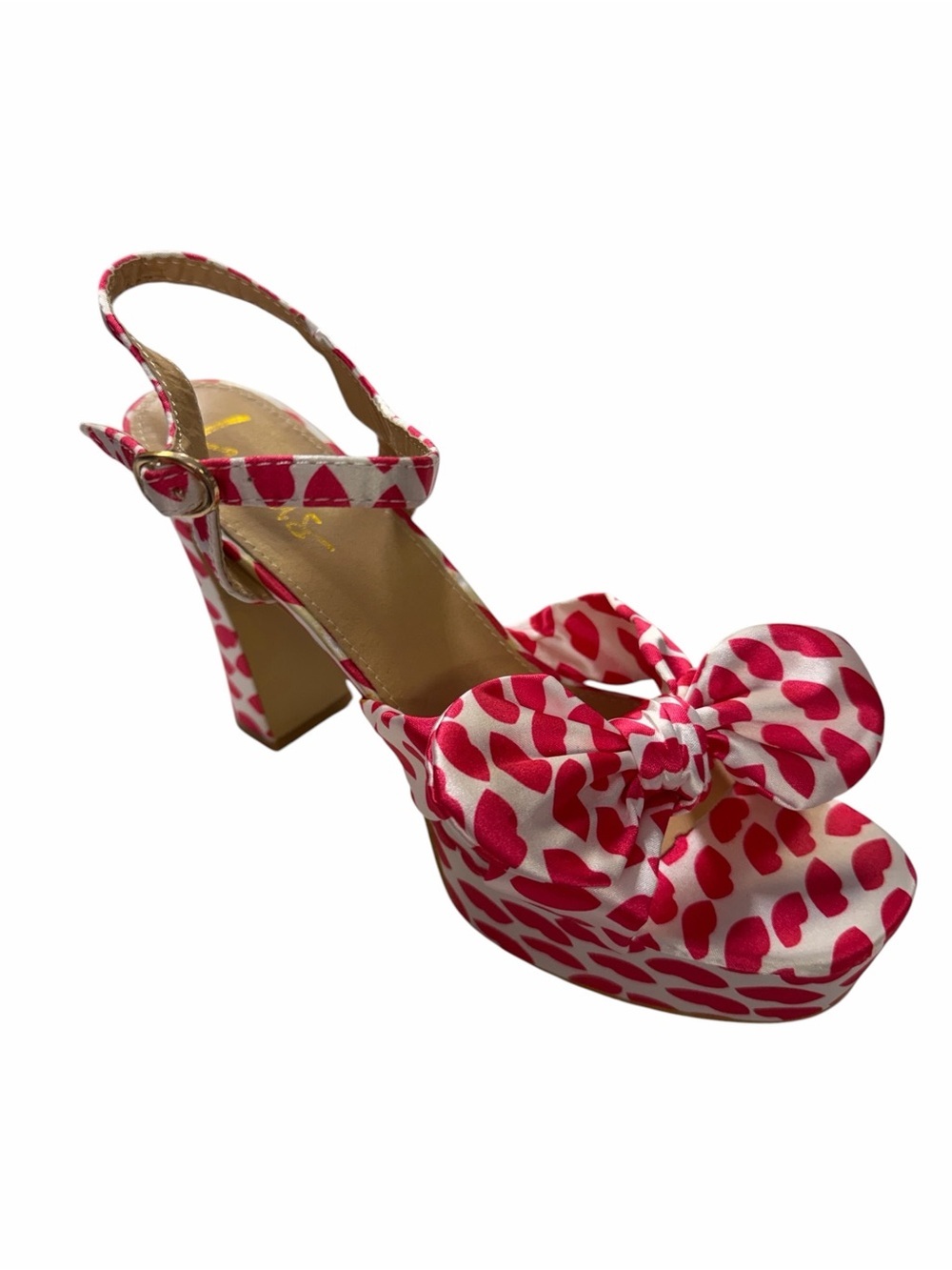 Lulus Pink and White Heart Print Platform Sandals
